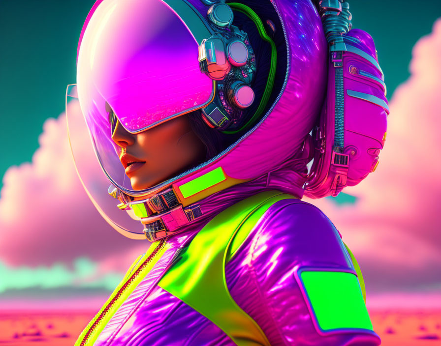Futuristic person in purple space helmet and jacket against pastel sky