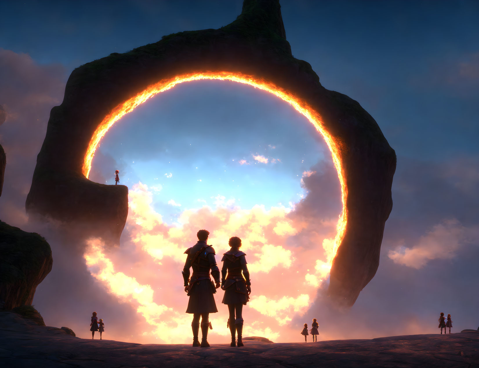 Silhouetted figures by flaming ring in rocky dusk landscape