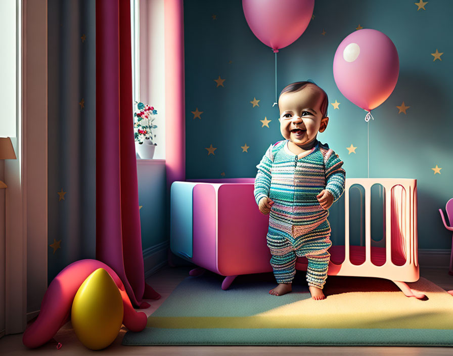 Smiling Baby in Colorful Nursery with Balloons and Stars