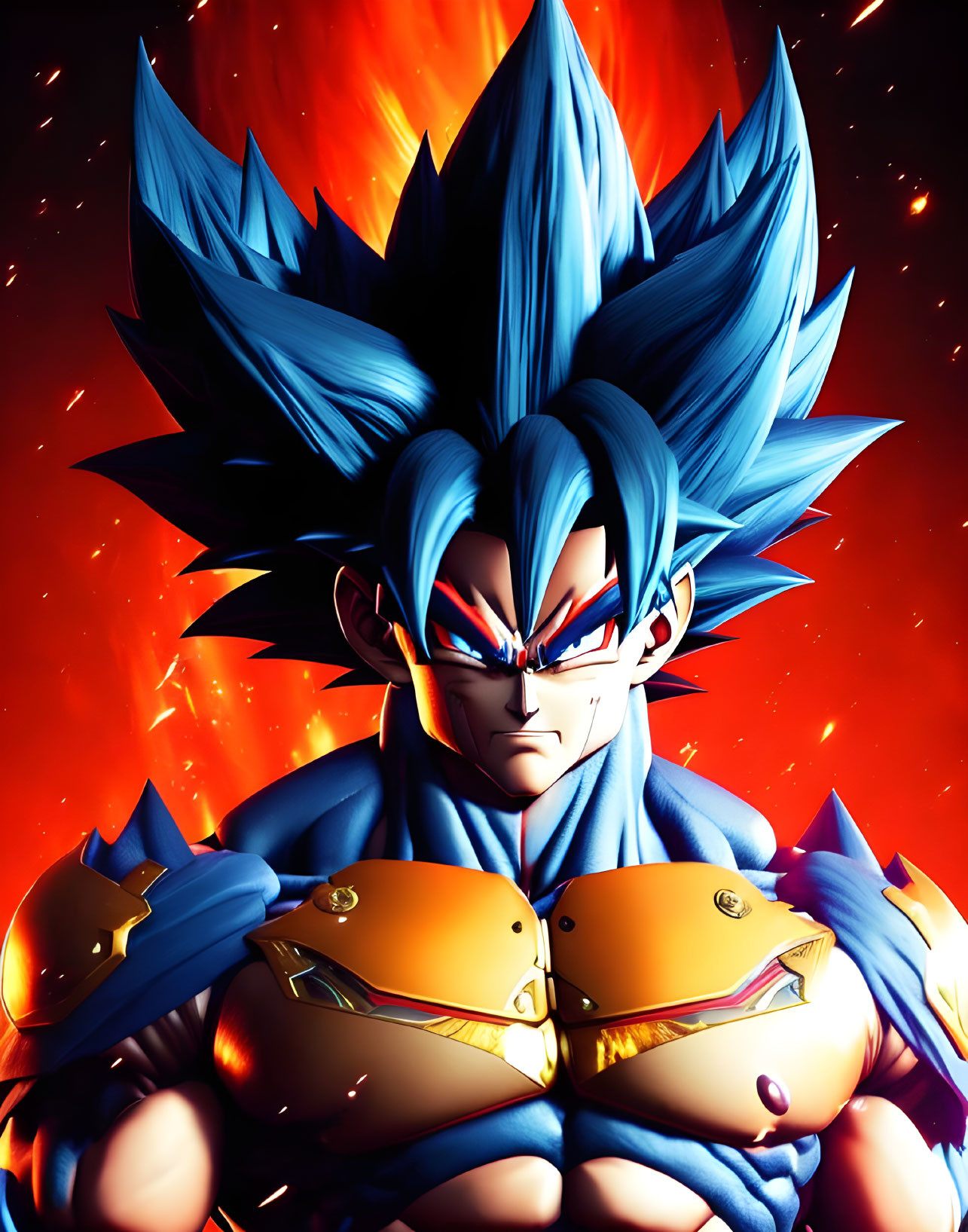 Anime character with spiky blue hair and red eyes in battle suit on fiery backdrop