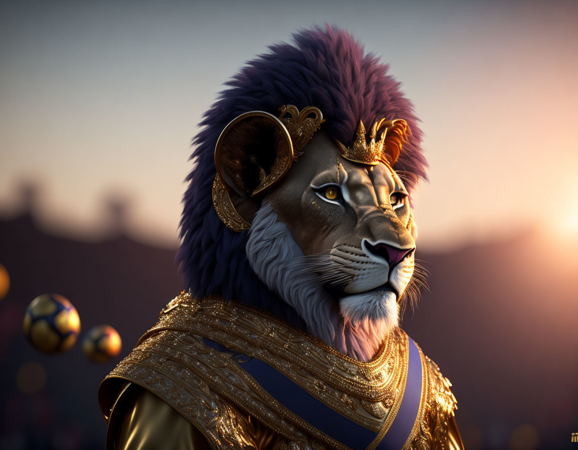 Regal lion with crown and ornate clothing in dusk setting