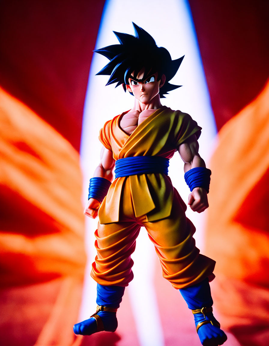 Anime character with spiky black hair in orange and blue outfit on dynamic background