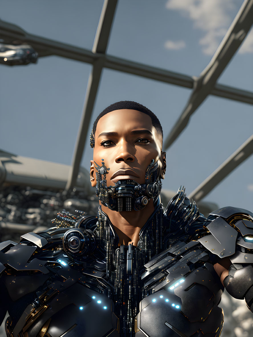 Cybernetic humanoid with advanced robotics in futuristic suit against industrial backdrop