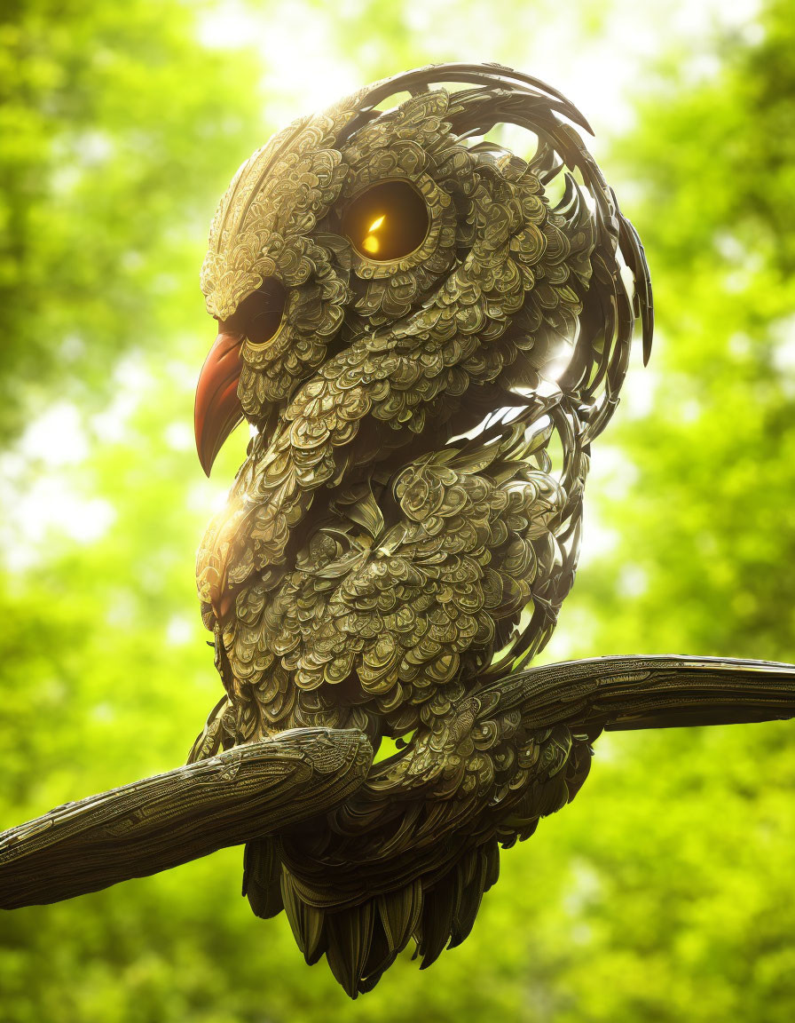 Detailed Owl Sculpture Perched on Branch in Green Forest