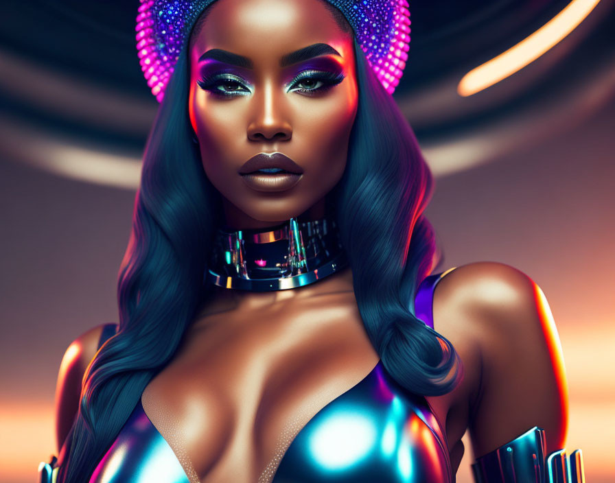 Futuristic digital artwork of woman with neon makeup and metallic outfit