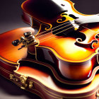 Detailed close-up of glossy wood violin with f-holes, strings, and bow under warm lighting
