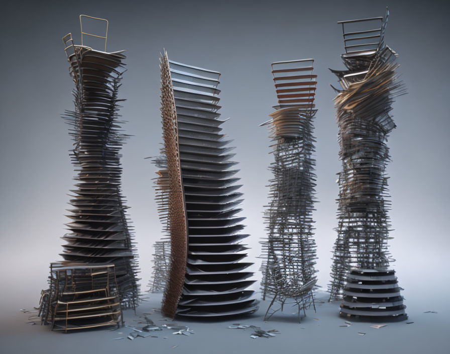 An installation of many different broken chairs