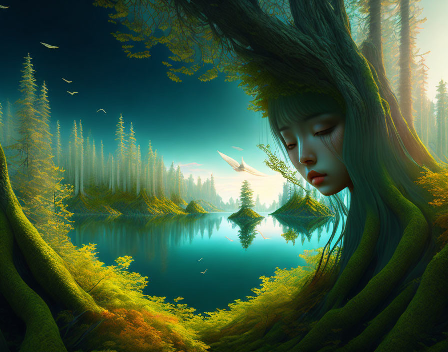nature forms a forest lake into a beautiful girl