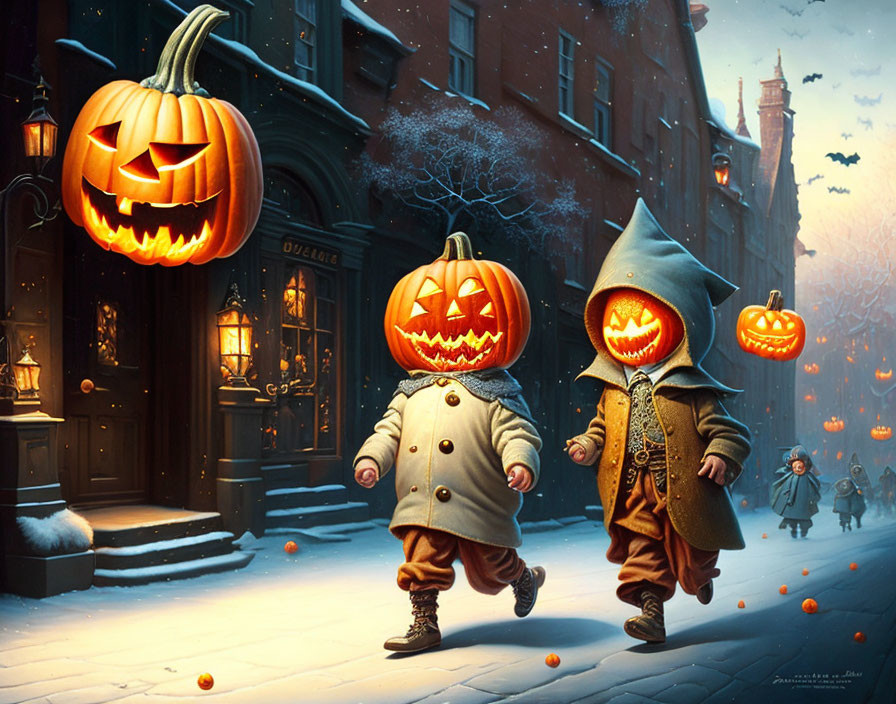 Halloween, pumpkin-balls bouncing down the street