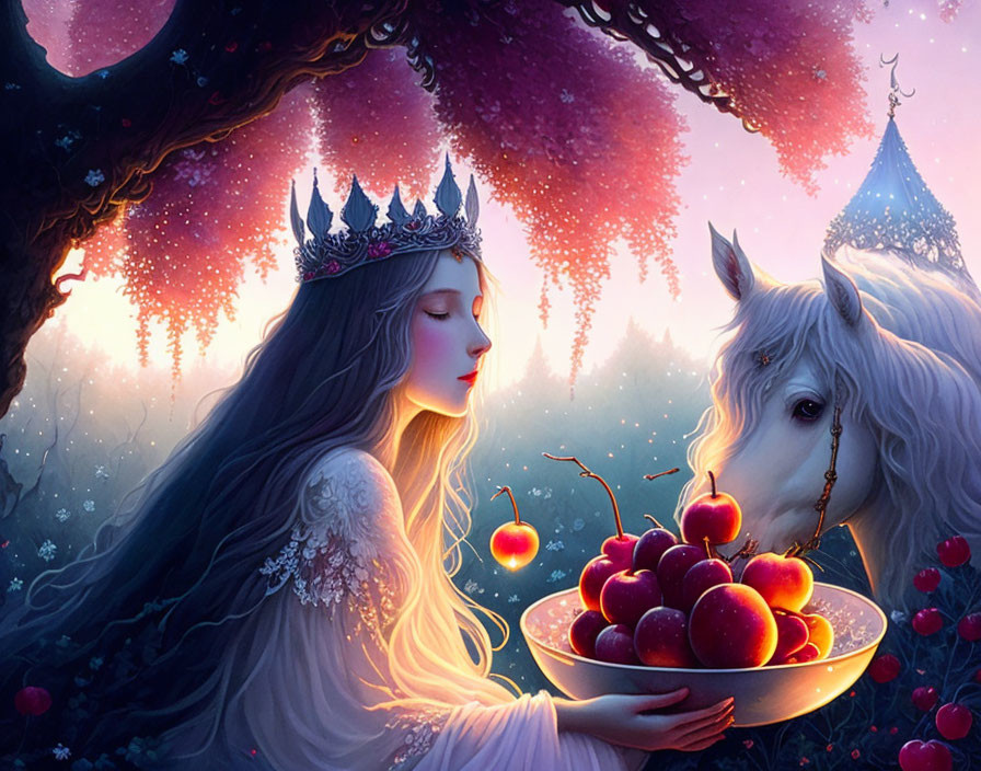 a girl feeding red apples to a white unicorn