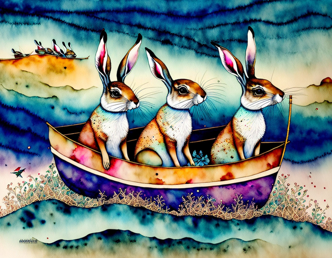 the hares escaping the flood in a boat