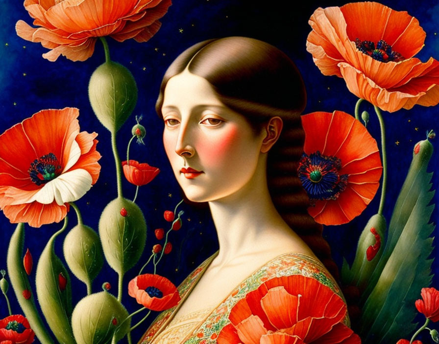  woman with a bouquet of large red poppies
