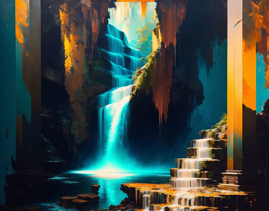 Depiction of a waterfall in a theatre.