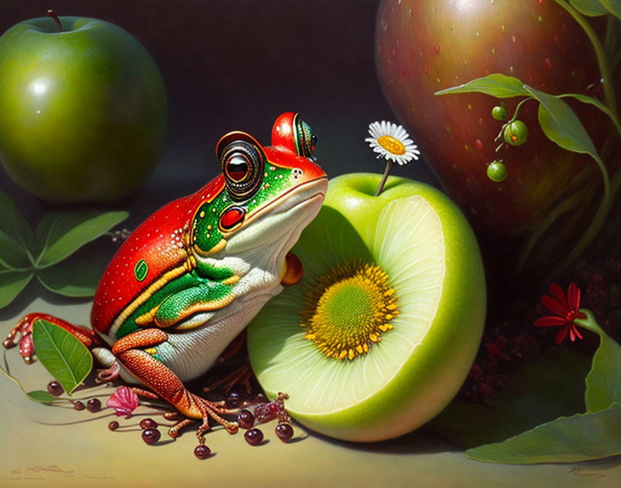 Red frog with a green apple.