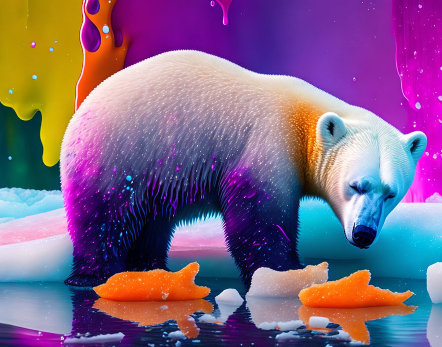 A polar bear sleeping and having colourful dreams