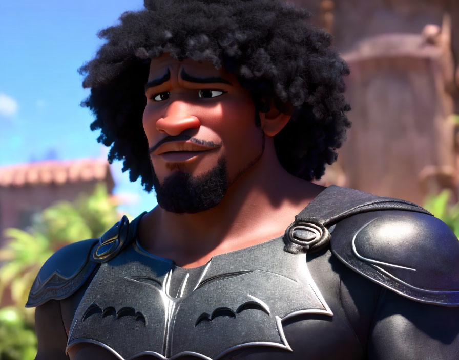 Curly Haired Animated Character in Medieval Armor with Gentle Look