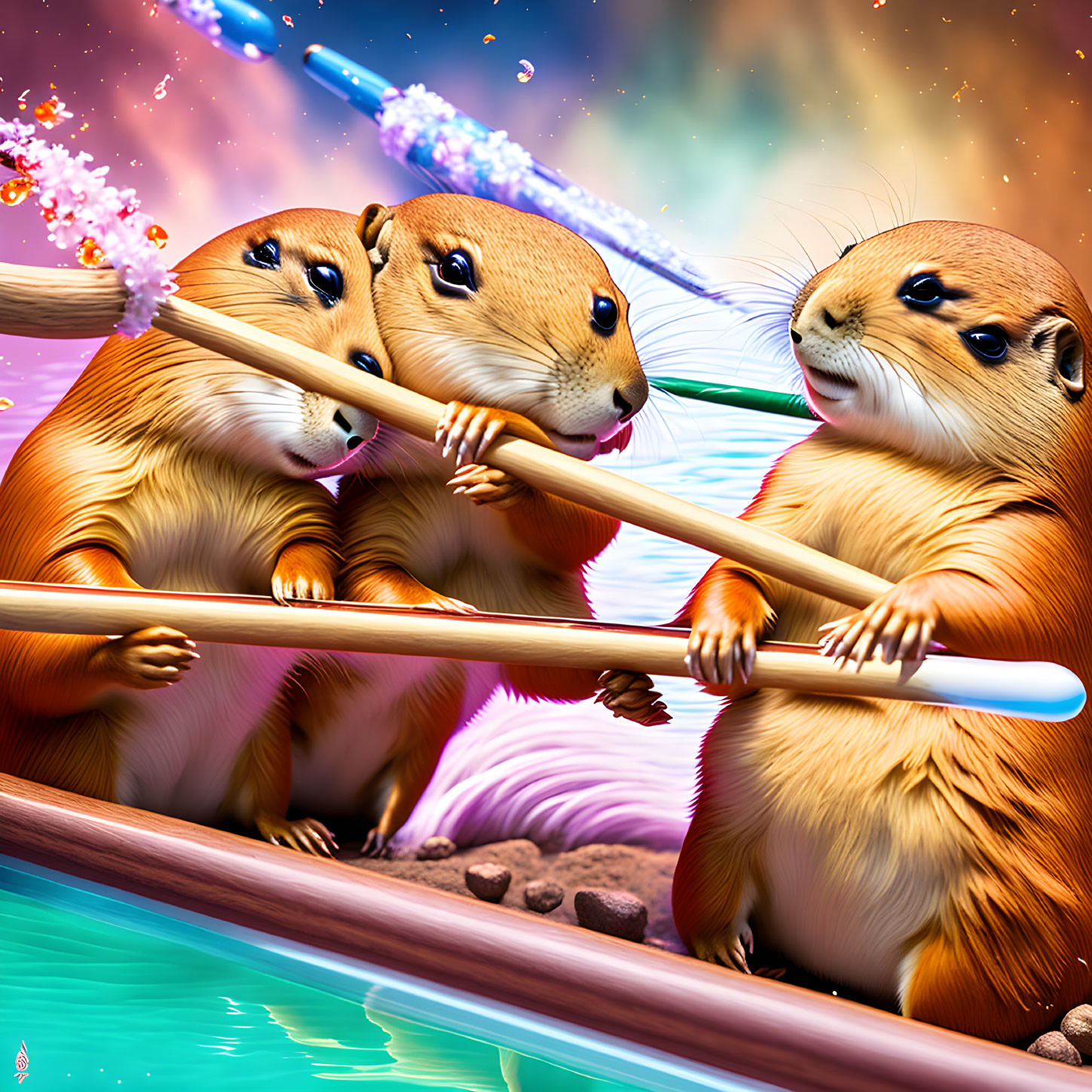 Colorful animated scene: Three beavers rowing boat in fantastical setting
