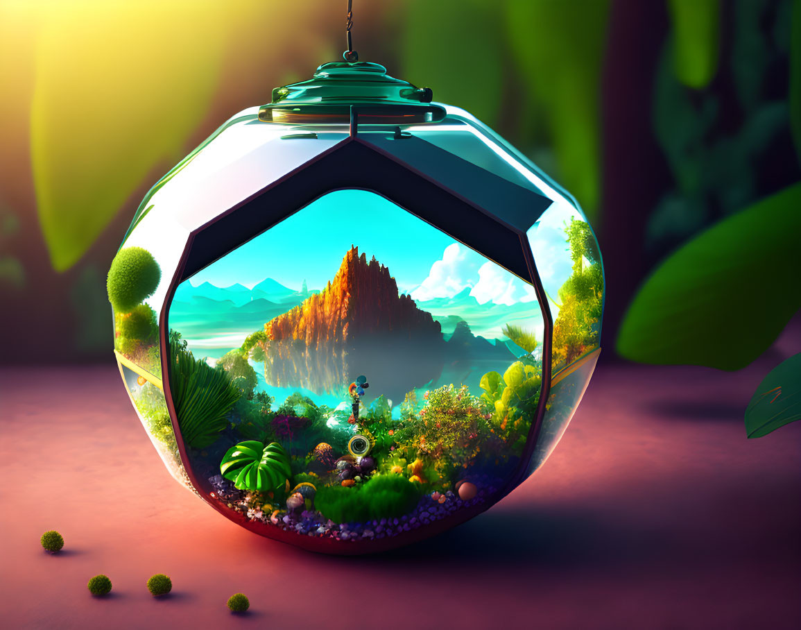 Lush terrarium with mountain, trees, and figure in tranquil setting