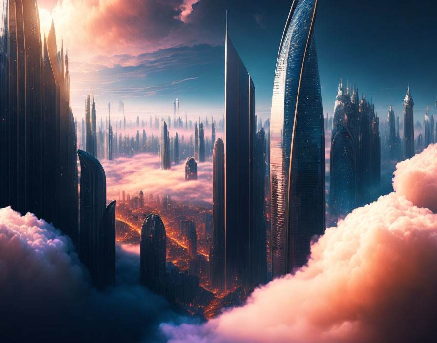 Futuristic skyline with towering skyscrapers against twilight sky