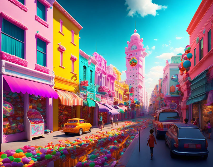 Colorful street scene with pink and yellow buildings, clear sky, people, balloons, and flowers