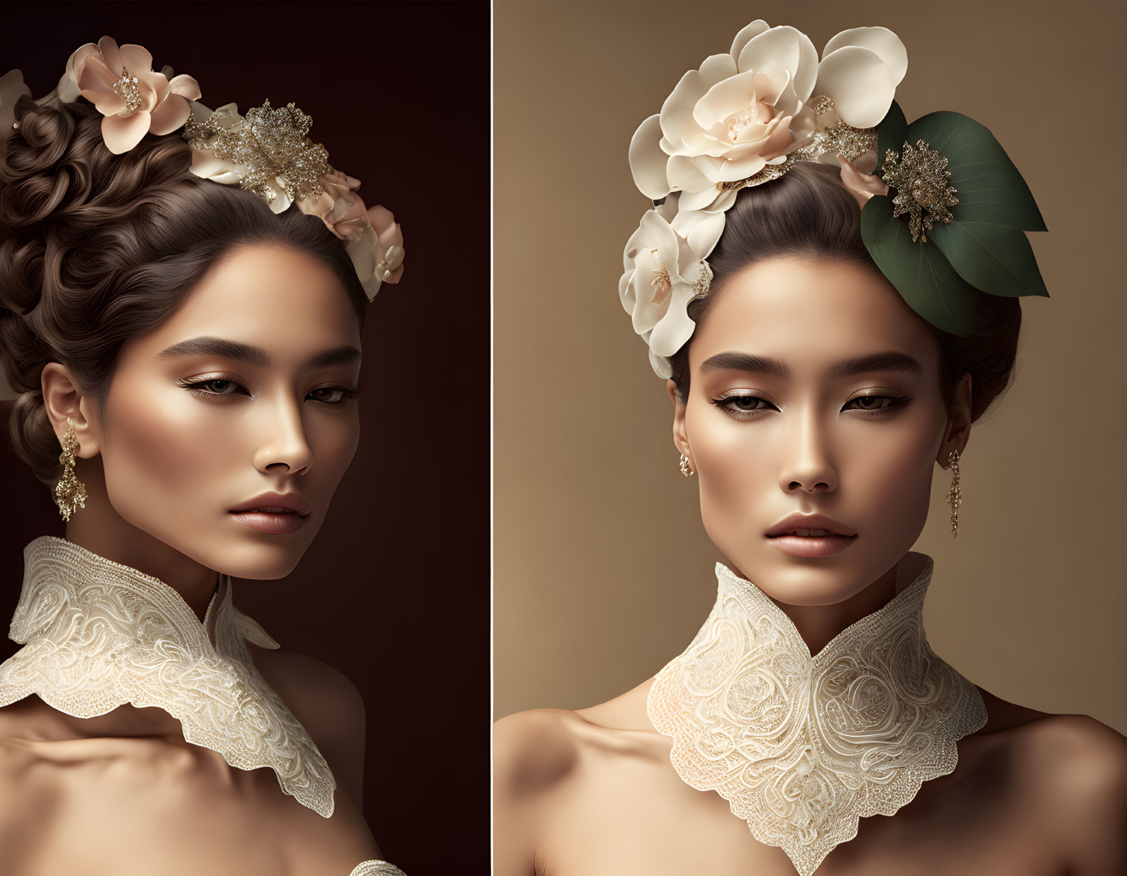 Dual portraits of woman with elegant makeup and hairstyles, floral hair accessories, vintage lace collars.