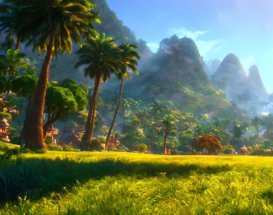 Tranquil landscape with lush greenery, palm trees, and mountains at sunrise