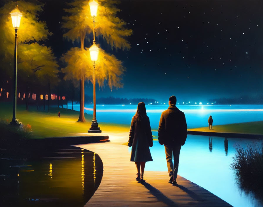 Nighttime stroll by lake under twinkling stars and streetlights