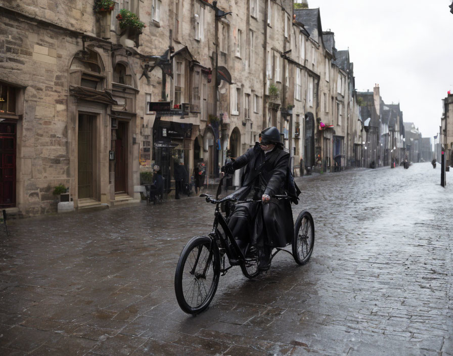 Person in dark attire riding cargo bicycle on wet cobblestone street in rain