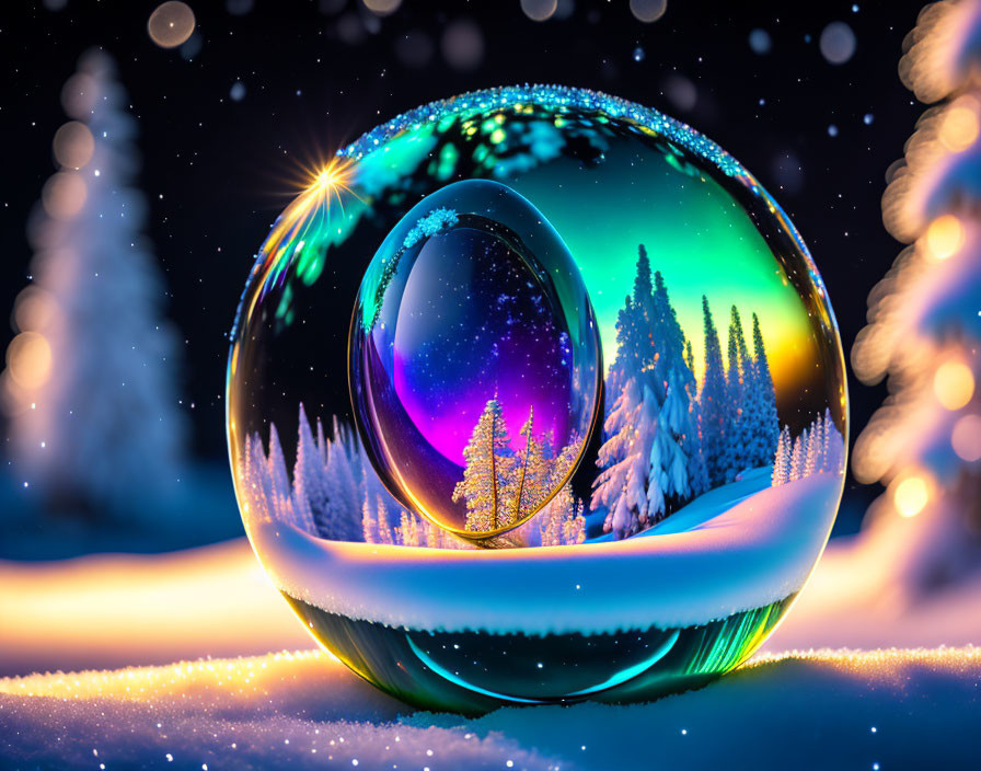 Miniature snowy landscape with crystal ball under starry sky