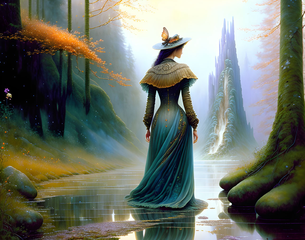 Victorian woman in period dress by reflective water, looking at mystical forest with tall trees.