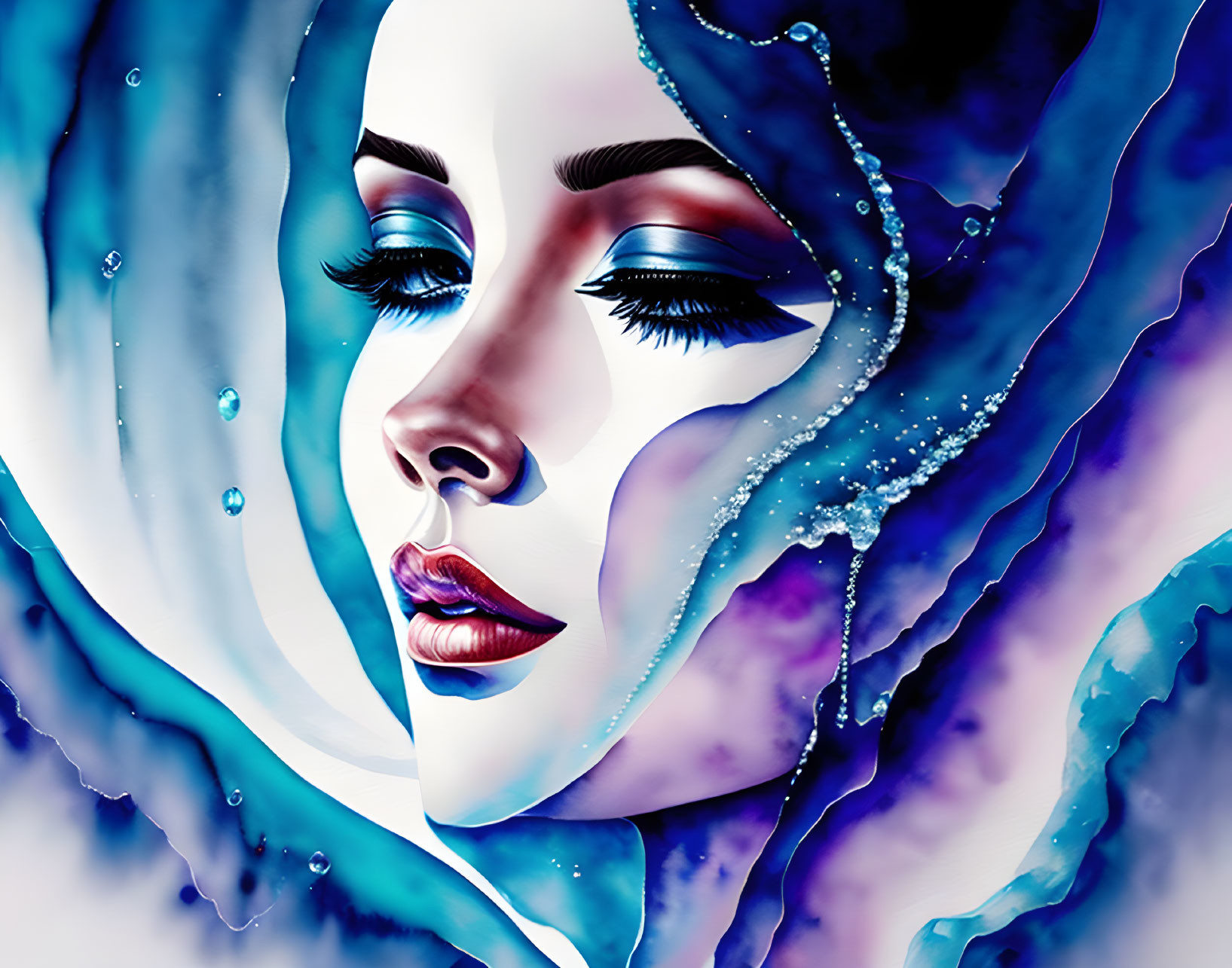 Woman's face with blue-themed makeup and abstract watery elements on galactic backdrop