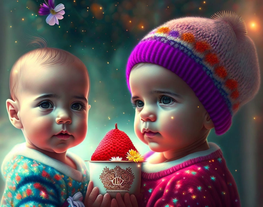 Two infants in colorful knitwear with big eyes in magical setting.