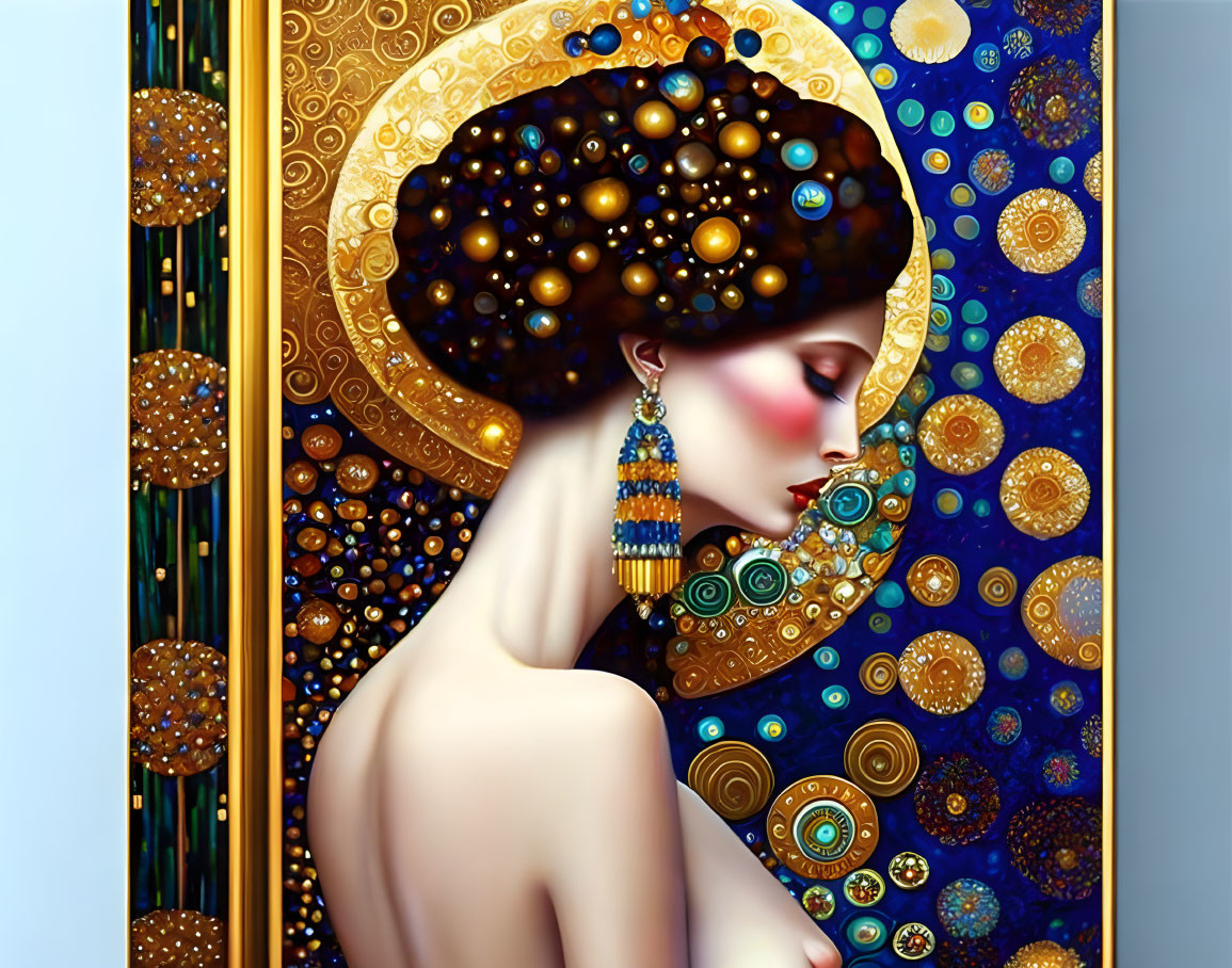 Colorful portrait of woman with ornate headpiece and earring in Gustav Klimt style