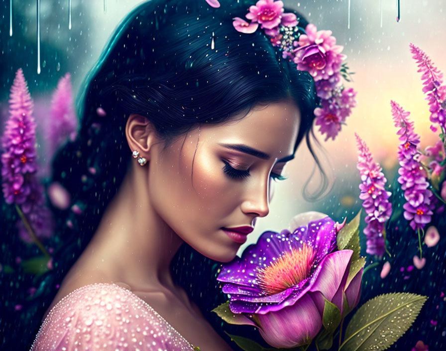Digital artwork of woman with closed eyes, flowers in hair, holding purple flower in rain