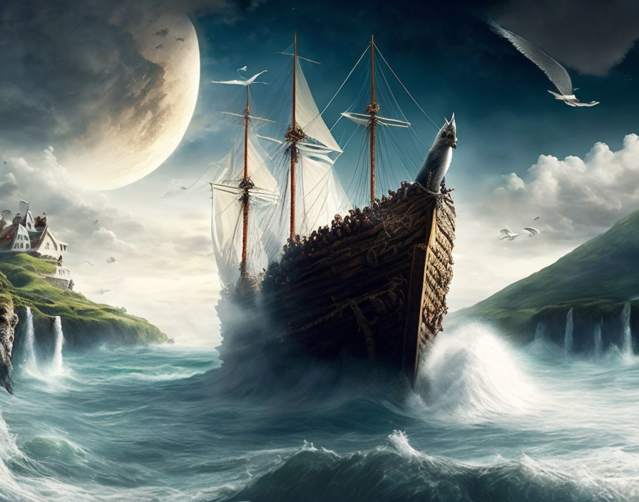 Sailing ship in turbulent seas near cliffs with moon, house, and birds