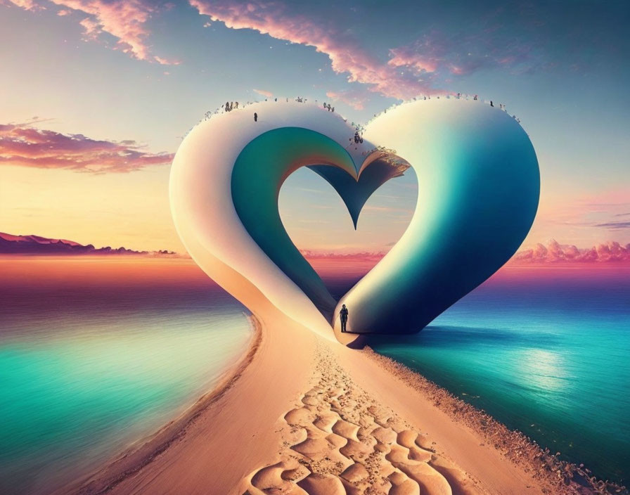 Heart-shaped structure on beach and ocean under sunset sky