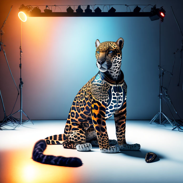 Leopard with circuit board-like patterns in studio photoshoot
