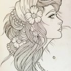 Detailed illustration of woman with floral hair patterns and ornate makeup