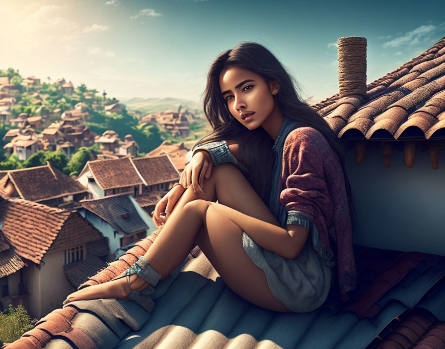Woman sitting on terracotta rooftop tiles overlooking quaint village under warm sky