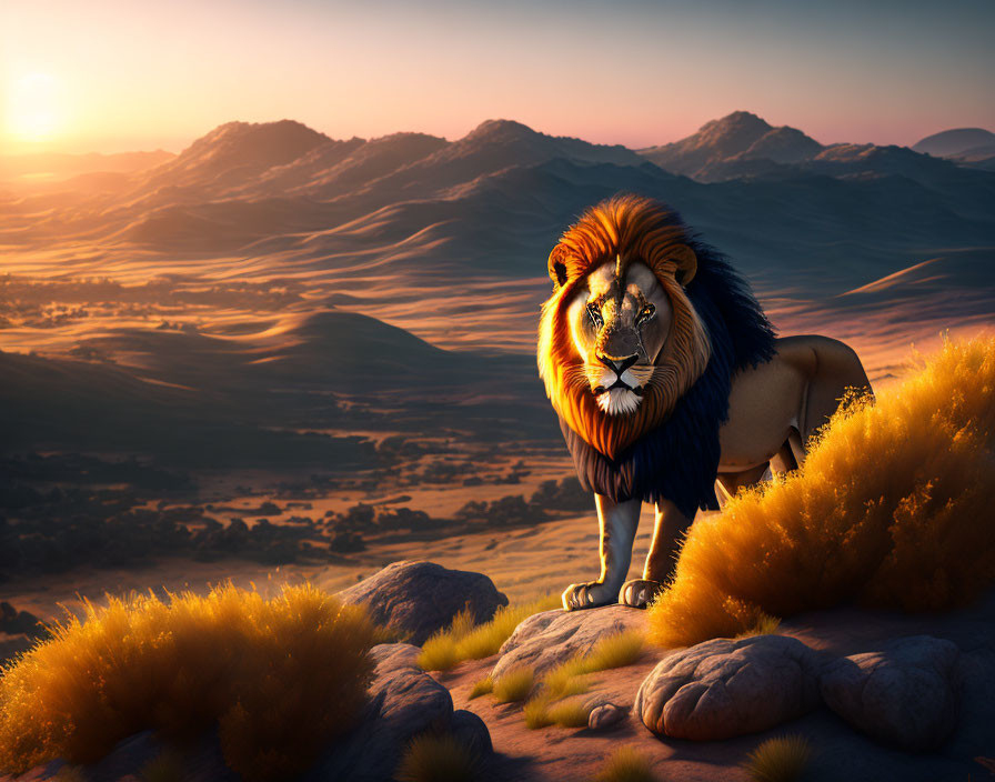 A lion on the top of a hill at the time of sunset 
