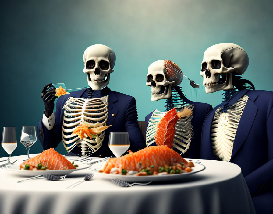 Skeleton Politicians Eating Fish