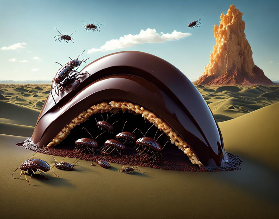 Surreal illustration of giant chocolate-covered dessert in desert with beetles and explosion