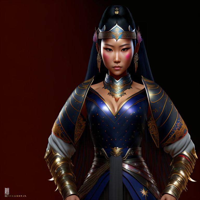 Digital artwork: Female warrior in gold-trimmed blue armor on red backdrop