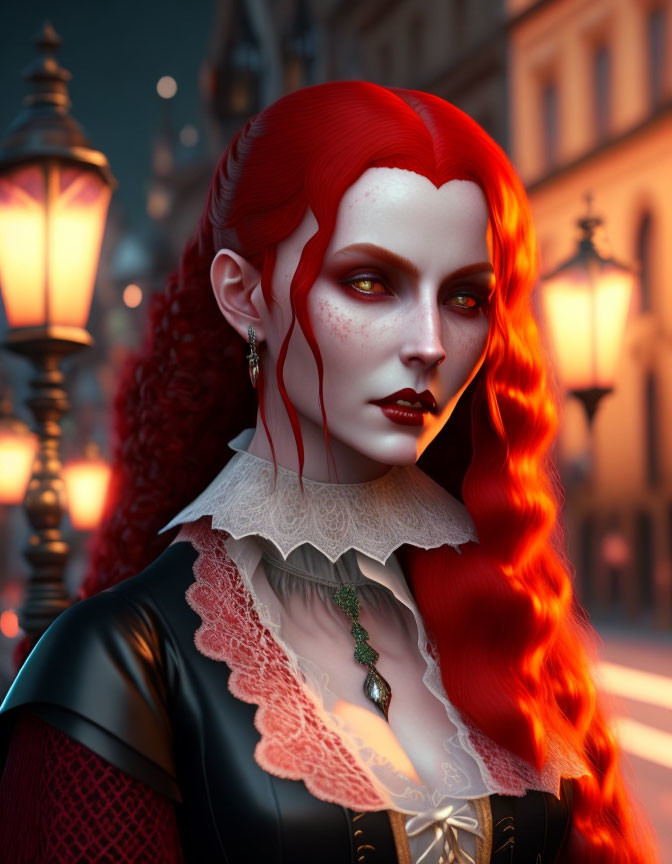Digital Artwork: Woman with Red Hair and Vampire-Like Appearance