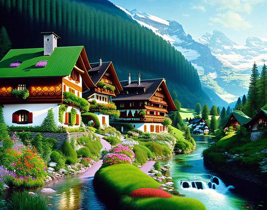 Scenic alpine village with river, traditional houses, greenery, mountains