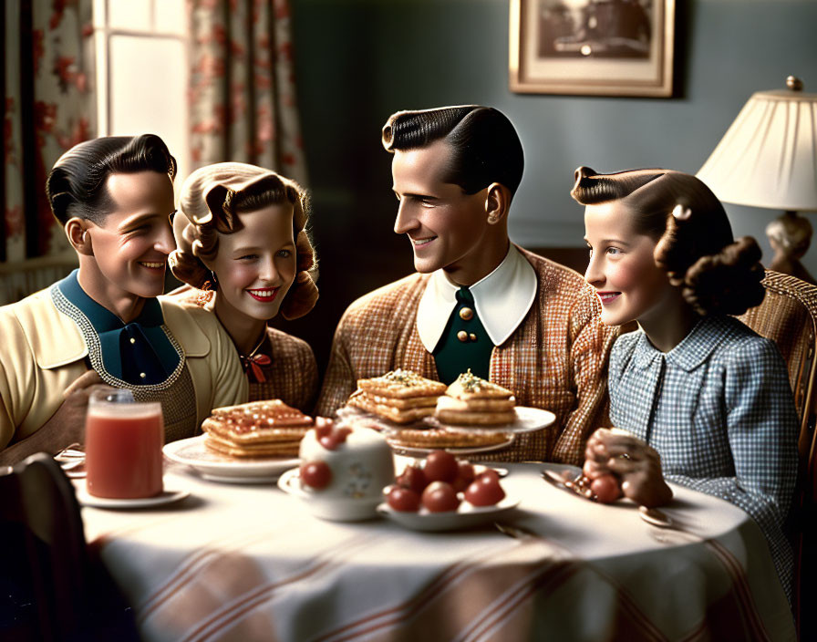 Family of Four Enjoying Breakfast Together in Vintage-Style Illustration