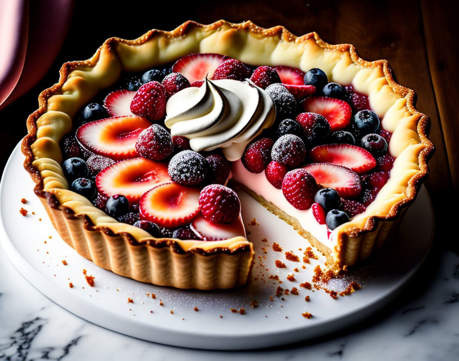 Colorful Fruit Tart with Fresh Berries and Whipped Cream on Pastry Crust