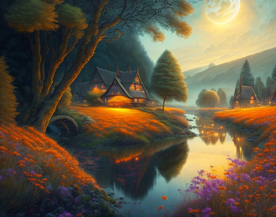 Autumn Twilight: Cozy houses, vibrant trees, tranquil river under moon.