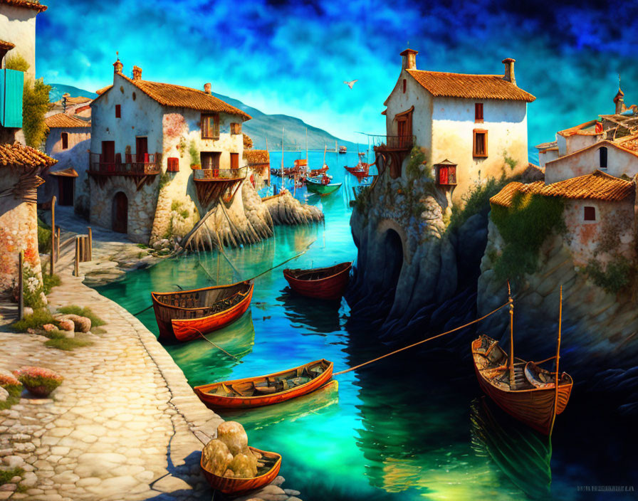 Traditional coastal village with clear blue water canal, boats, and serene sky.