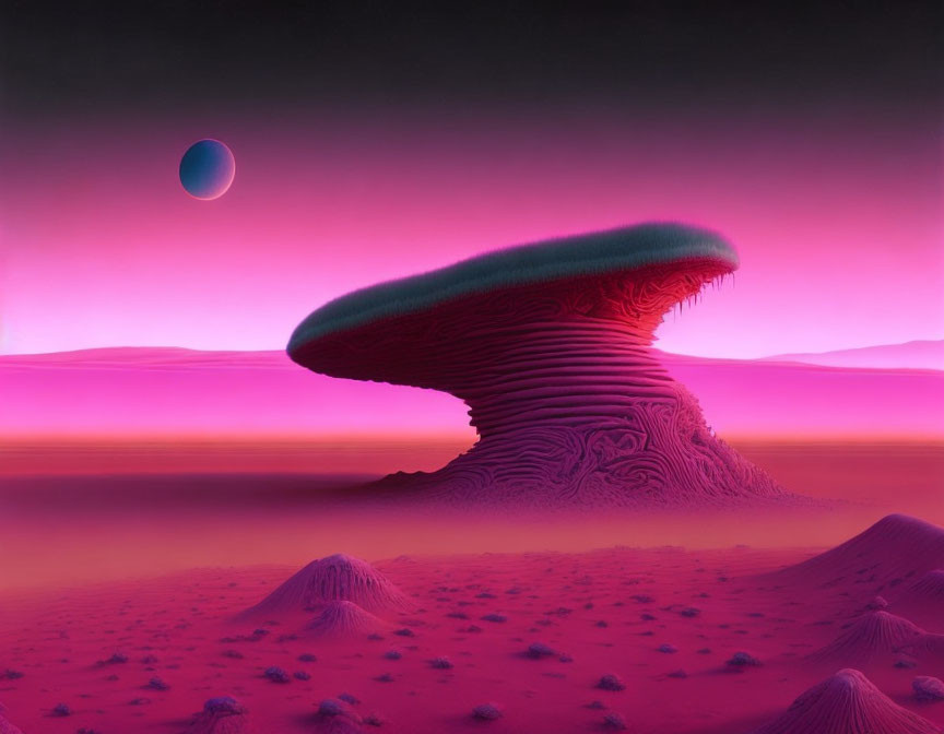 Surreal landscape with mushroom-shaped structure under pink sky